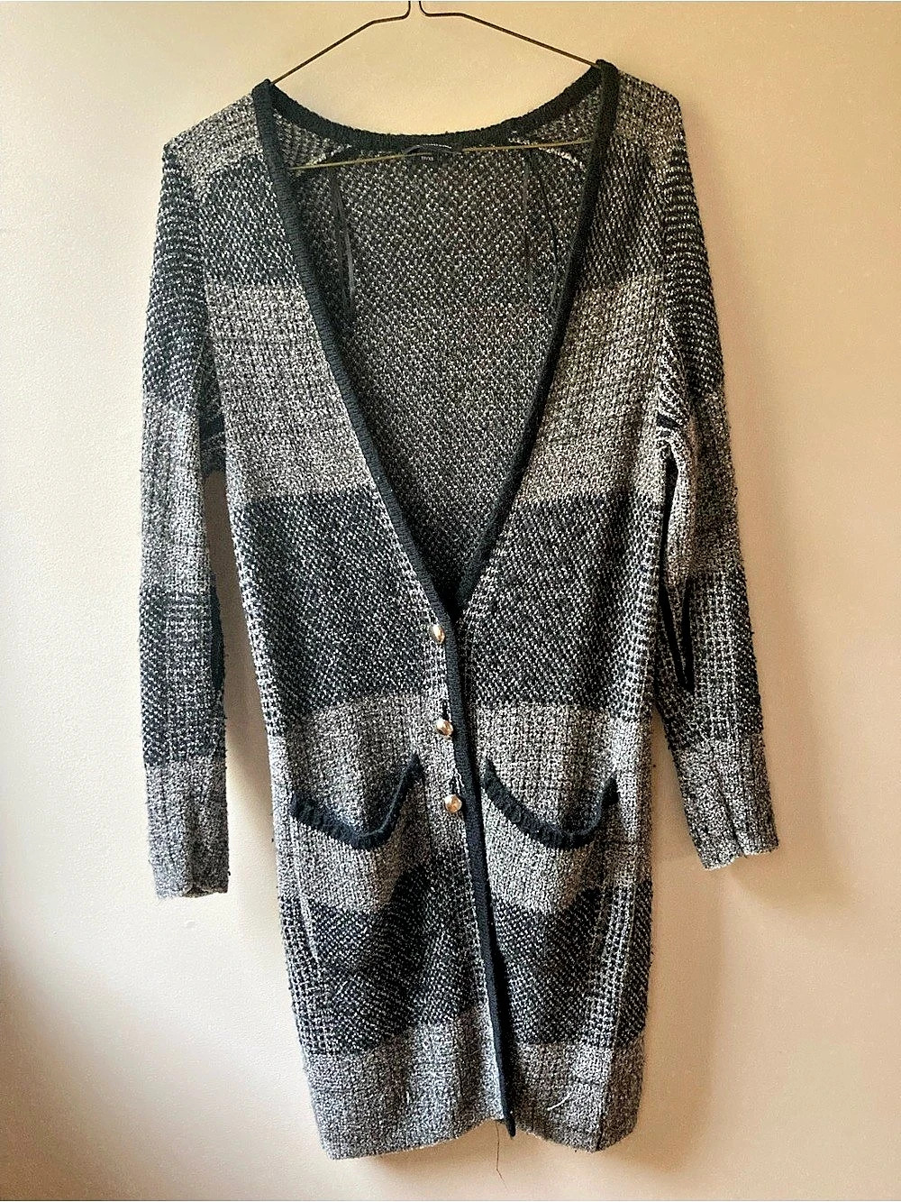 Le Chateau Plaid Grey Patchwork Long Cardigan
